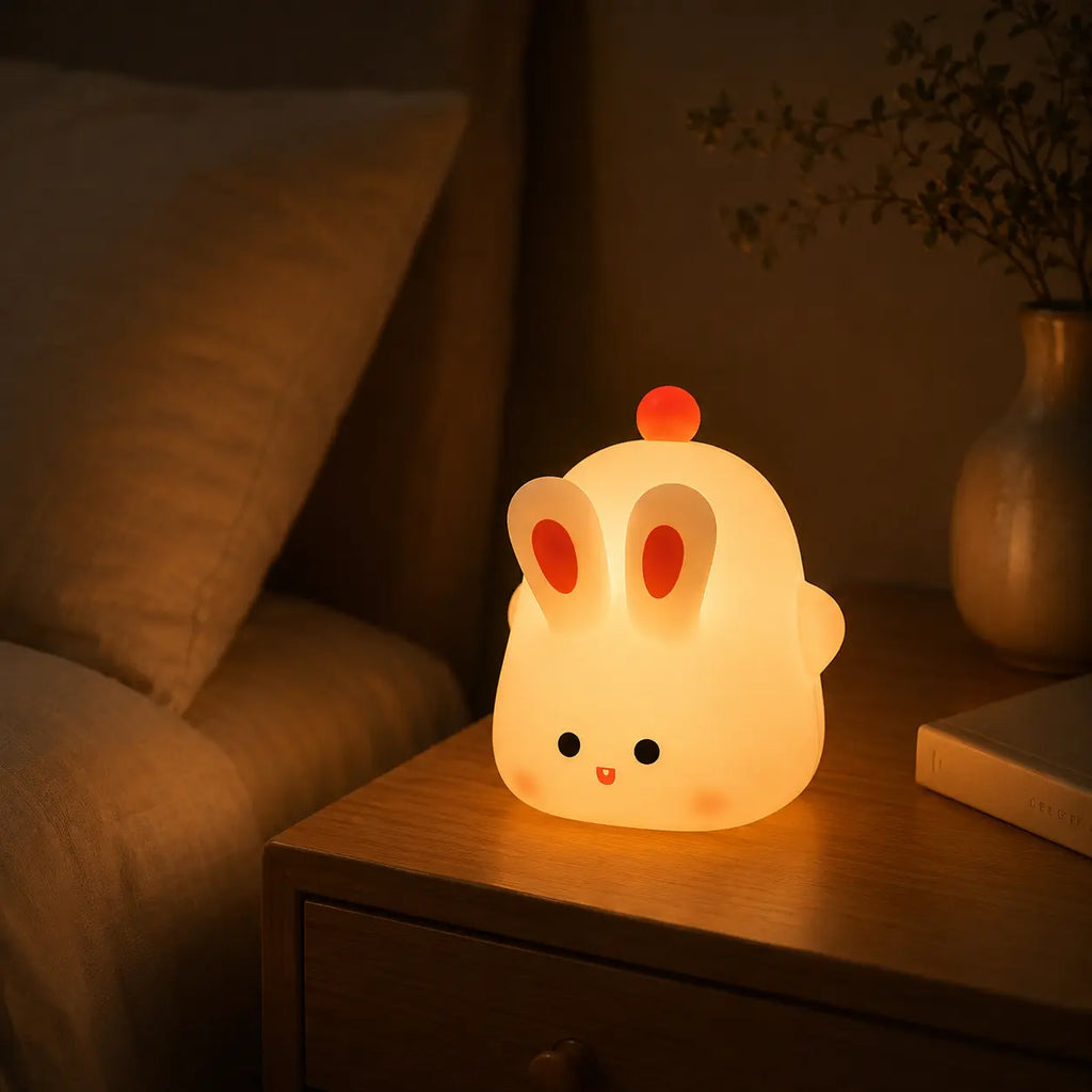 Veilleuse en silicone en forme de petit lapin blanc allumée sur une table de chevet en bois dans une chambre, diffusant une douce lueur jaune tamisée. Le lapin, doté de deux grandes oreilles aux centres orange et d'un petit pompon rouge sur la tête, est posé à côté d'un lit et d'un vase pour créer une ambiance chaleureuse et apaisante.