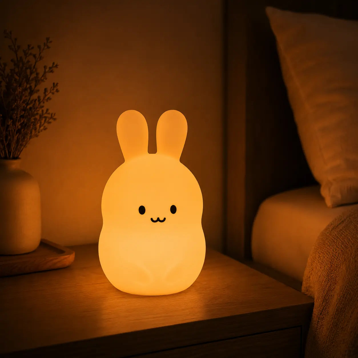 Veilleuse en forme de petit lapin allumée posée sur une table de chevet dans une ambiance chaleureuse.
