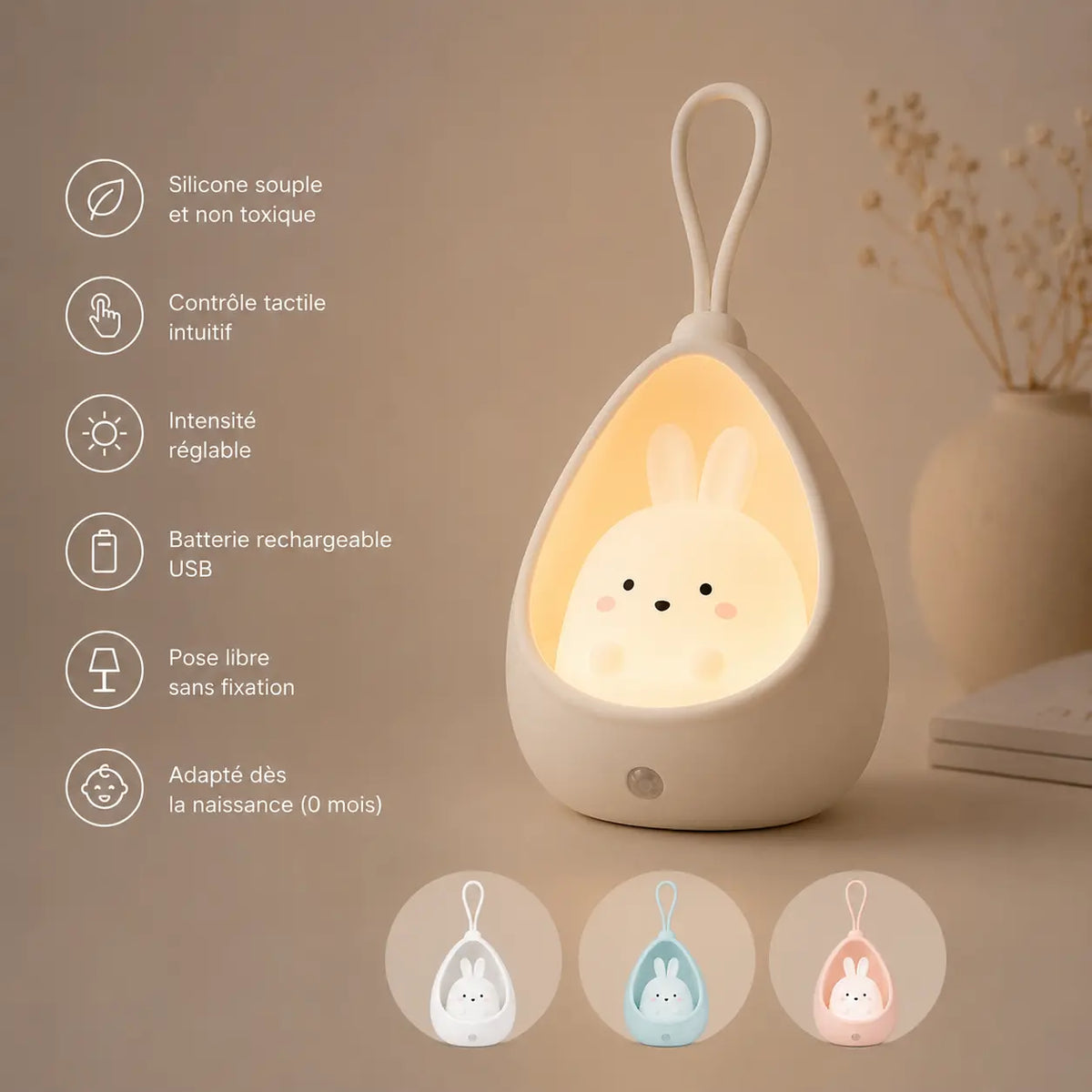 Infographie en français présentant une veilleuse lapin cocon blanche allumée sur fond beige, détaillant ses caractéristiques (silicone souple, contrôle tactile, intensité réglable, batterie USB, pose libre, dès la naissance) avec trois vignettes montrant les déclinaisons de couleurs.
