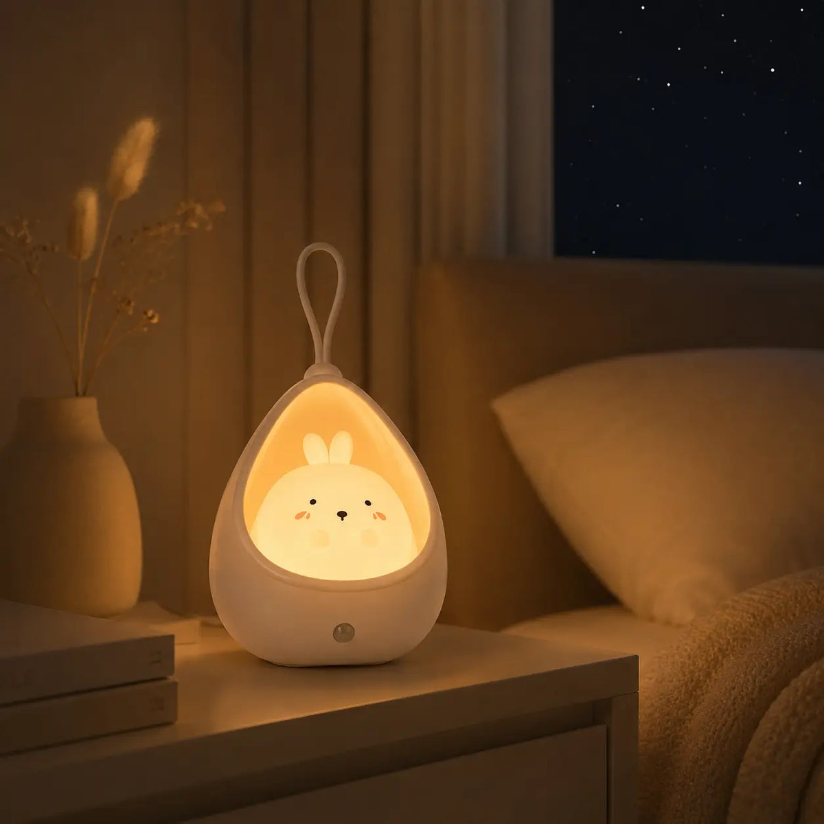 Veilleuse lapin cocon blanche allumée sur une table de chevet en bois dans une chambre de bébé ou d'adulte. Elle diffuse une lumière chaude tamisée à côté d'un lit douillet et d'un vase blanc avec des fleurs séchées, sous une fenêtre ouverte sur une nuit étoilée.