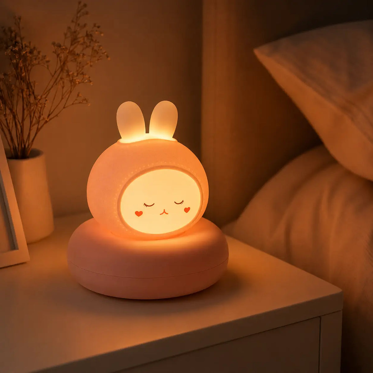 Veilleuse rose en forme de tête de petit lapin allumée, posée sur son large socle circulaire assorti sur une table de chevet juste à côté d'un lit. Elle diffuse une lueur chaude et tamisée dans une chambre à coucher à l'ambiance cocooning et apaisante, à côté d'un petit vase blanc contenant des fleurs séchées.