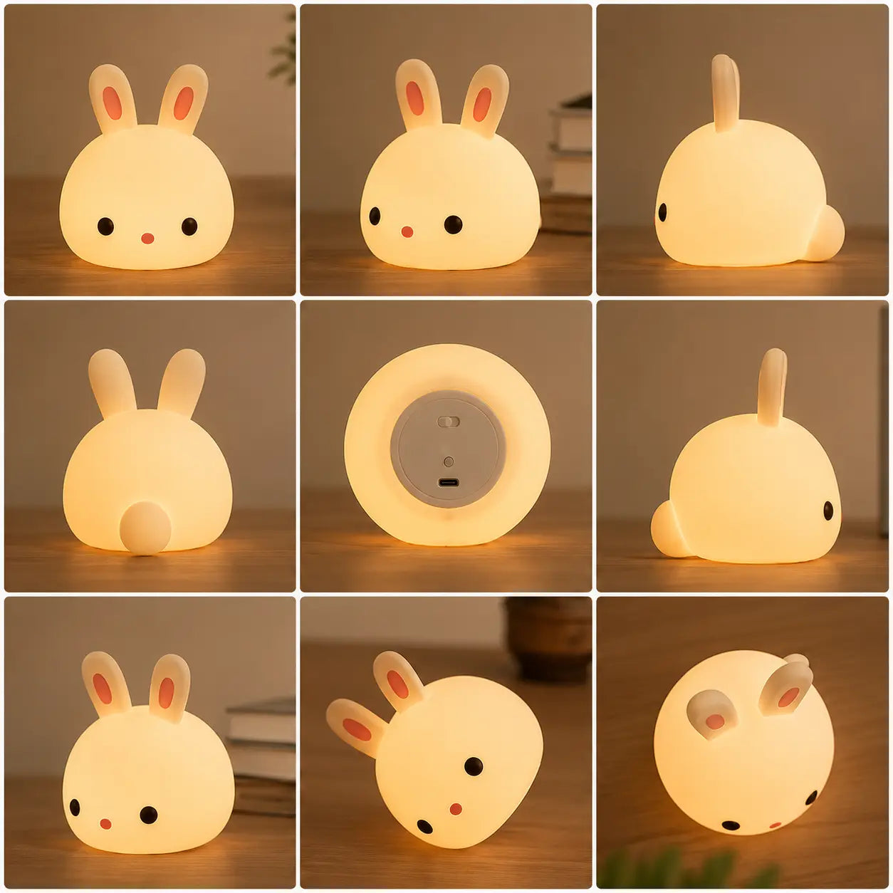 Mosaïque de neuf images présentant une veilleuse lapin en silicone allumée sous différents angles sur une surface en bois. Elle illustre le produit de face, de profil, de dos avec sa petite queue ronde, ainsi que sa base circulaire équipée d'un interrupteur et d'un port de charge USB, le tout diffusant une lueur jaune tamisée.