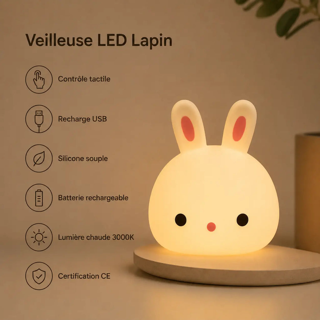 Infographie en français présentant une veilleuse lapin allumée sur un socle rond en bois, détaillant ses caractéristiques (contrôle tactile, recharge USB, silicone souple, batterie rechargeable, lumière chaude 3000K, certification CE). Elle diffuse une lueur jaune tamisée dans une ambiance épurée aux tons beiges.