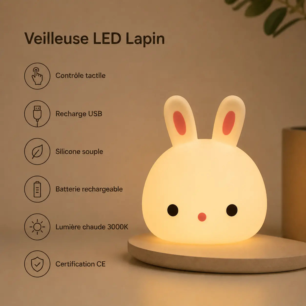 Infographie en français présentant une veilleuse lapin allumée sur un socle rond en bois, détaillant ses caractéristiques (contrôle tactile, recharge USB, silicone souple, batterie rechargeable, lumière chaude 3000K, certification CE). Elle diffuse une lueur jaune tamisée dans une ambiance épurée aux tons beiges.