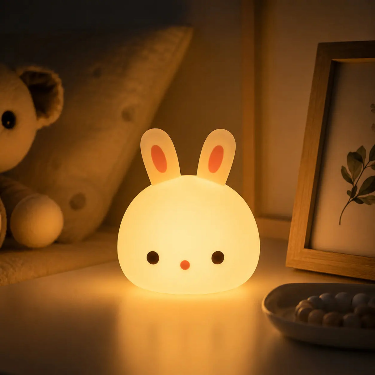 Veilleuse lapin en silicone allumée sur une table de chevet blanche dans une chambre d'enfant. Elle diffuse une douce lueur jaune et tamisée à côté d'un cadre photo en bois, d'une coupelle et d'un ours en peluche, installant une ambiance calme, chaleureuse et réconfortante pour la nuit.