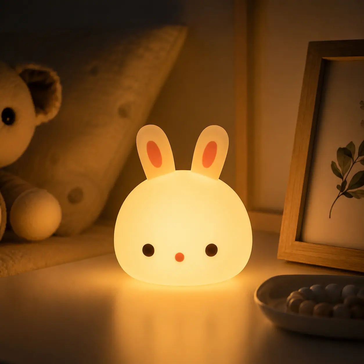 Veilleuse lapin en silicone allumée sur une table de chevet blanche dans une chambre d'enfant. Elle diffuse une douce lueur jaune et tamisée à côté d'un cadre photo en bois, d'une coupelle et d'un ours en peluche, installant une ambiance calme, chaleureuse et réconfortante pour la nuit.