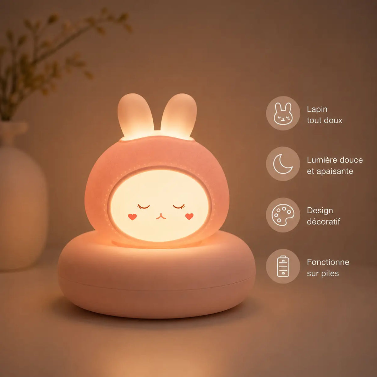Veilleuse lapin sur socle avec caractéristiques principales