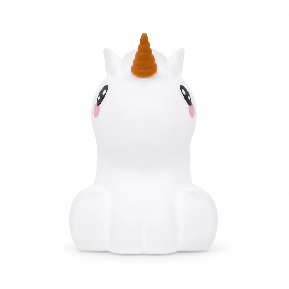 Veilleuse en silicone en forme de petite licorne blanche avec une corne orange, sur un fond blanc.