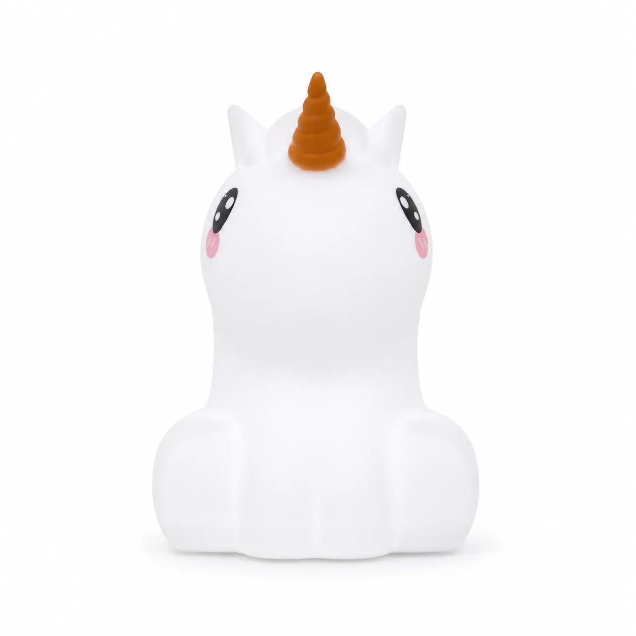 Veilleuse en silicone en forme de petite licorne blanche avec une corne orange, sur un fond blanc.