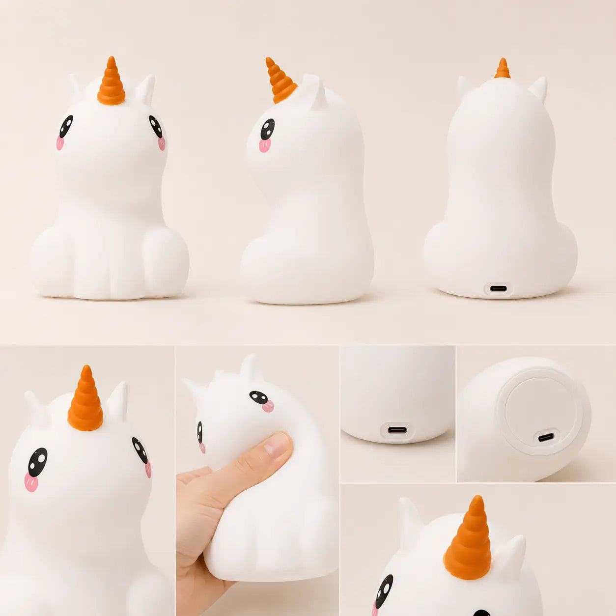 Différents angles de vue, texture souple en silicone et détails de charge de la veilleuse en forme de petite licorne blanche à la corne orange.