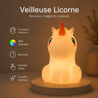Infographie en français détaillant les fonctionnalités et modes lumineux de la veilleuse en forme de licorne allumée avec sa corne orange.