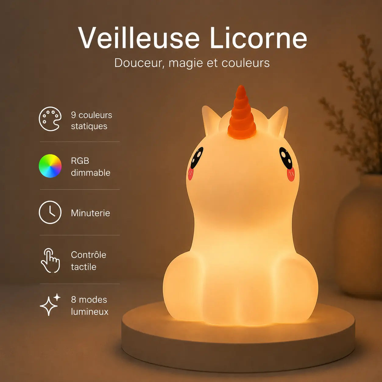 Infographie en français détaillant les fonctionnalités et modes lumineux de la veilleuse en forme de licorne allumée avec sa corne orange.