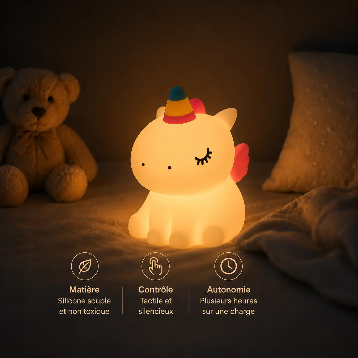 Infographie en français présentant une veilleuse licorne en silicone allumée au centre d'un lit, à côté d'un ours en peluche et d'un oreiller. Le visuel comporte trois vignettes explicatives en bas : sa matière en silicone souple et non toxique, son contrôle tactile et silencieux, et son autonomie de plusieurs heures sur une seule charge.