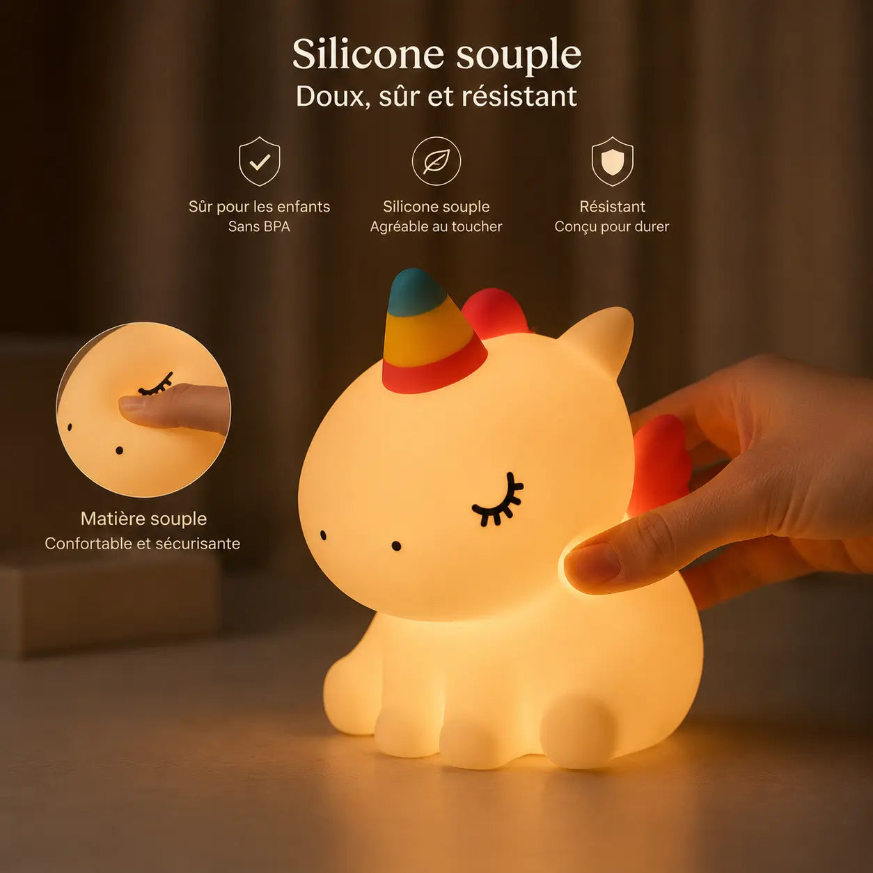 Infographie en français mettant en avant la souplesse d'une veilleuse licorne en silicone allumée. Une main presse doucement le dos du produit pour montrer sa flexibilité, et un insert circulaire à gauche zoome sur un doigt enfonçant sa tête avec la mention "Matière souple confortable et sécurisante". Le haut de l'image présente trois pictogrammes détaillant ses propriétés : sûr pour les enfants sans BPA, agréable au toucher, et résistant.