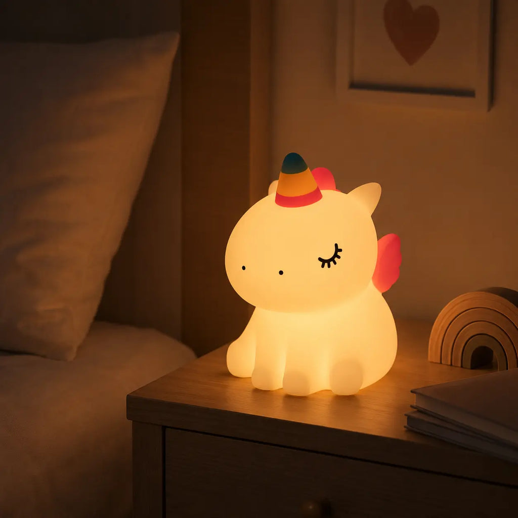 Veilleuse en silicone en forme de petite licorne allumée, posée sur une table de chevet en bois à côté d'un lit. Elle diffuse une lueur chaude et tamisée dans une chambre à coucher à l'ambiance calme, à côté d'un petit arc-en-ciel en bois décoratif et de livres.