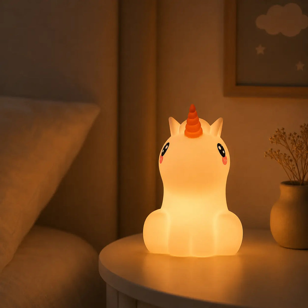 Veilleuse en forme de petite licorne allumée avec sa corne orange, posée sur une table de chevet dans une ambiance chaleureuse.