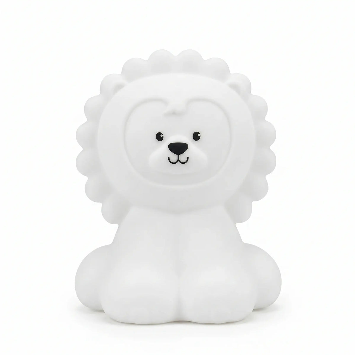 Veilleuse en silicone en forme de petit lion blanc assis, vue de face sur un fond blanc.
