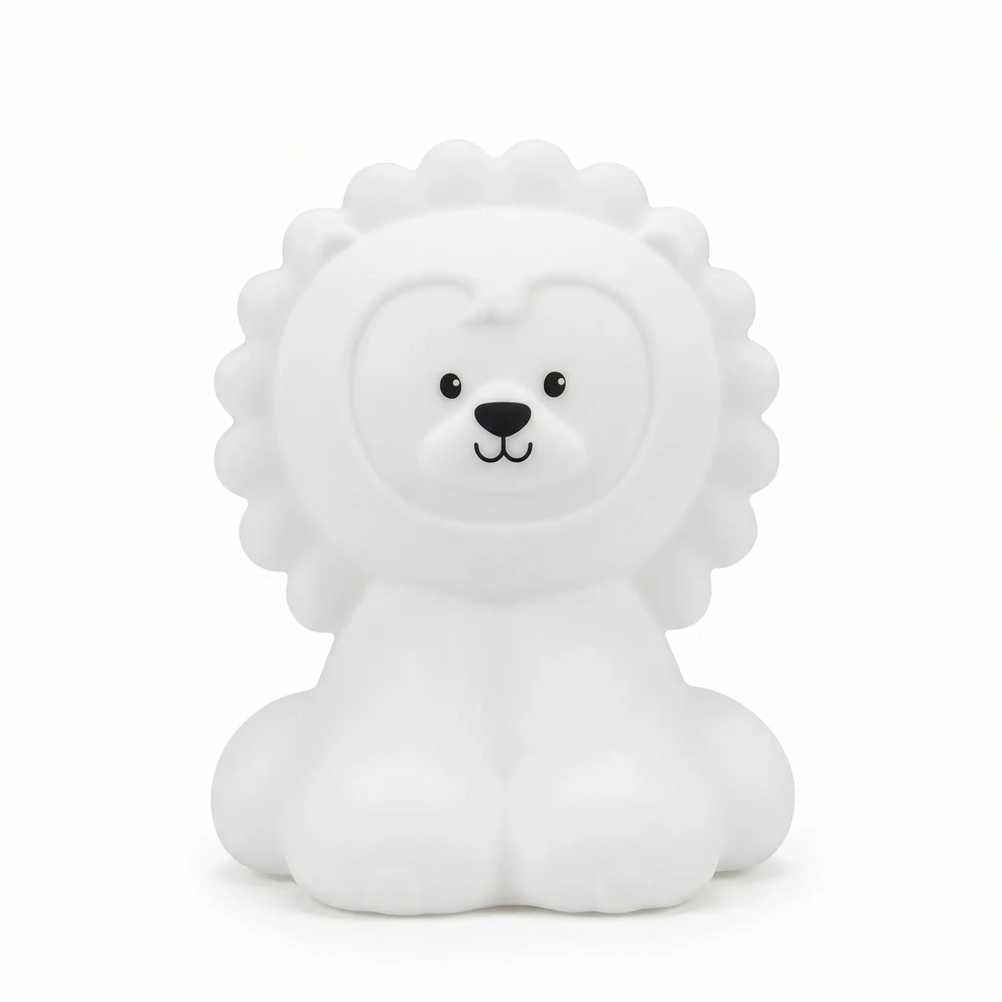 Veilleuse en silicone en forme de petit lion blanc assis, vue de face sur un fond blanc.