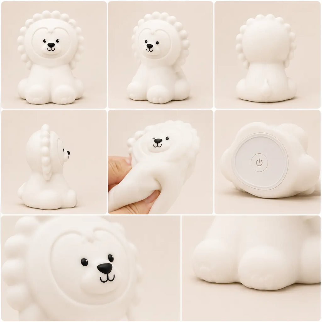Différents angles de vue, texture souple en silicone et détails de la veilleuse en forme de petit lion.