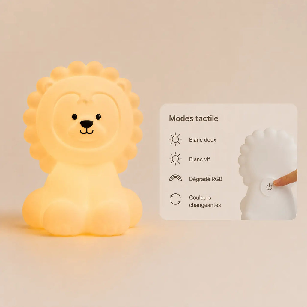 Infographie montrant les modes d'éclairage tactiles et le changement de couleur RGB de la veilleuse en forme de lion.