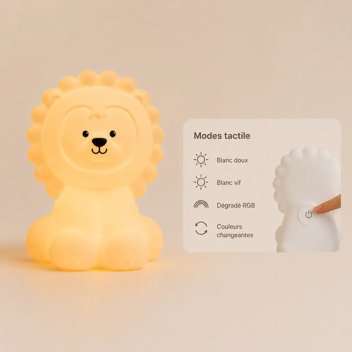 Infographie montrant les modes d'éclairage tactiles et le changement de couleur RGB de la veilleuse en forme de lion.