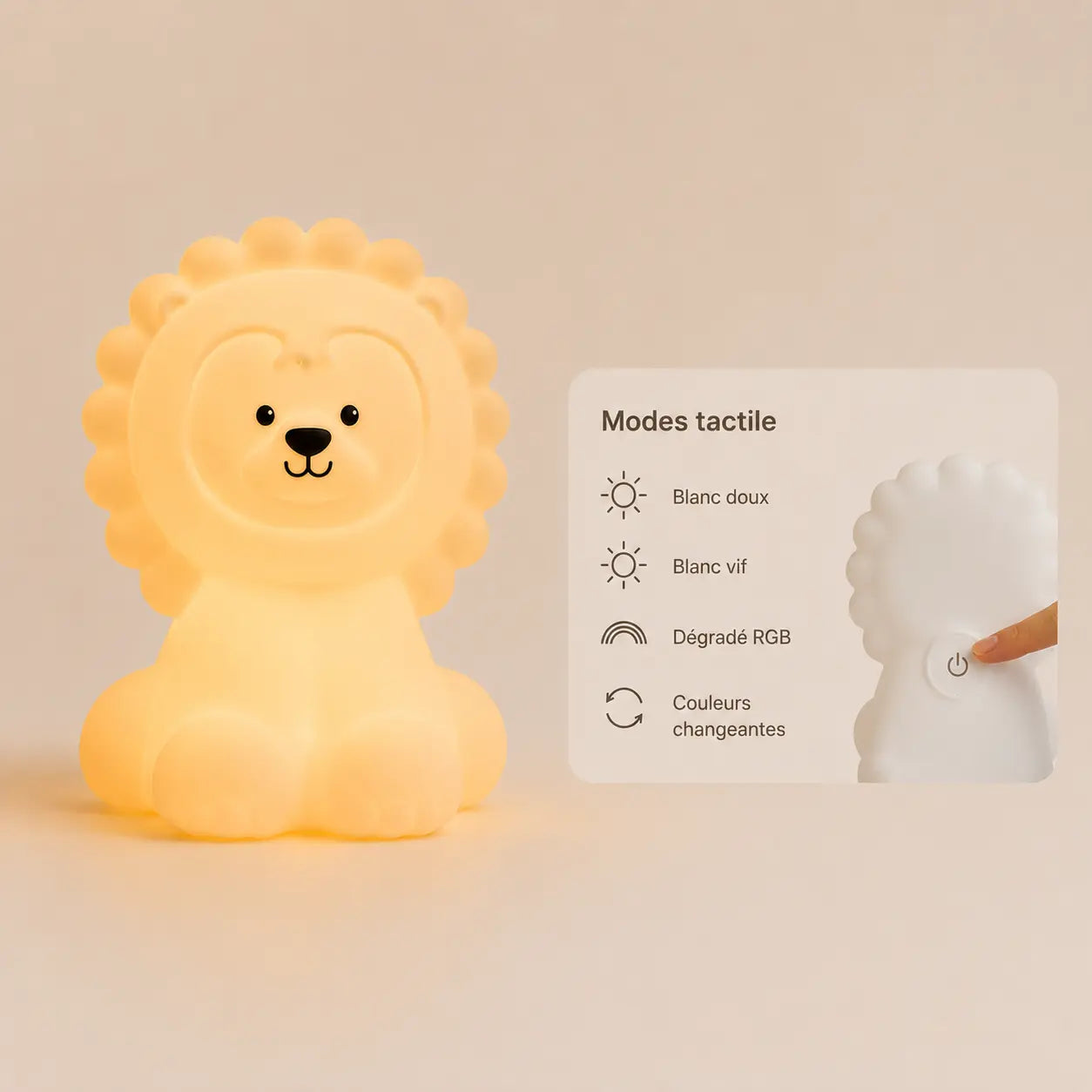 Infographie montrant les modes d'éclairage tactiles et le changement de couleur RGB de la veilleuse en forme de lion.