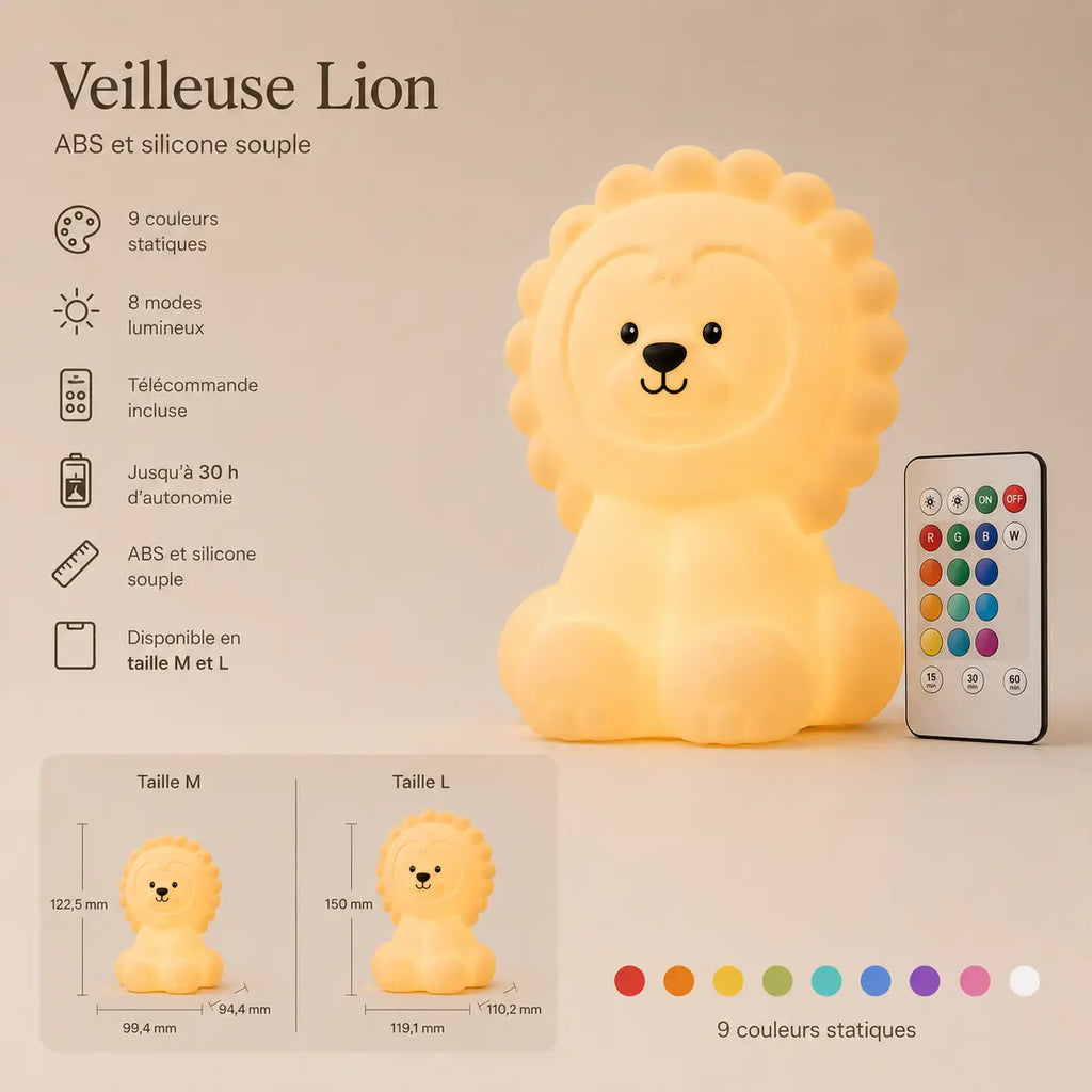 Veilleuse LED en forme de lion jaune en silicone souple avec sa télécommande pour régler les couleurs et le mode lumineux.
