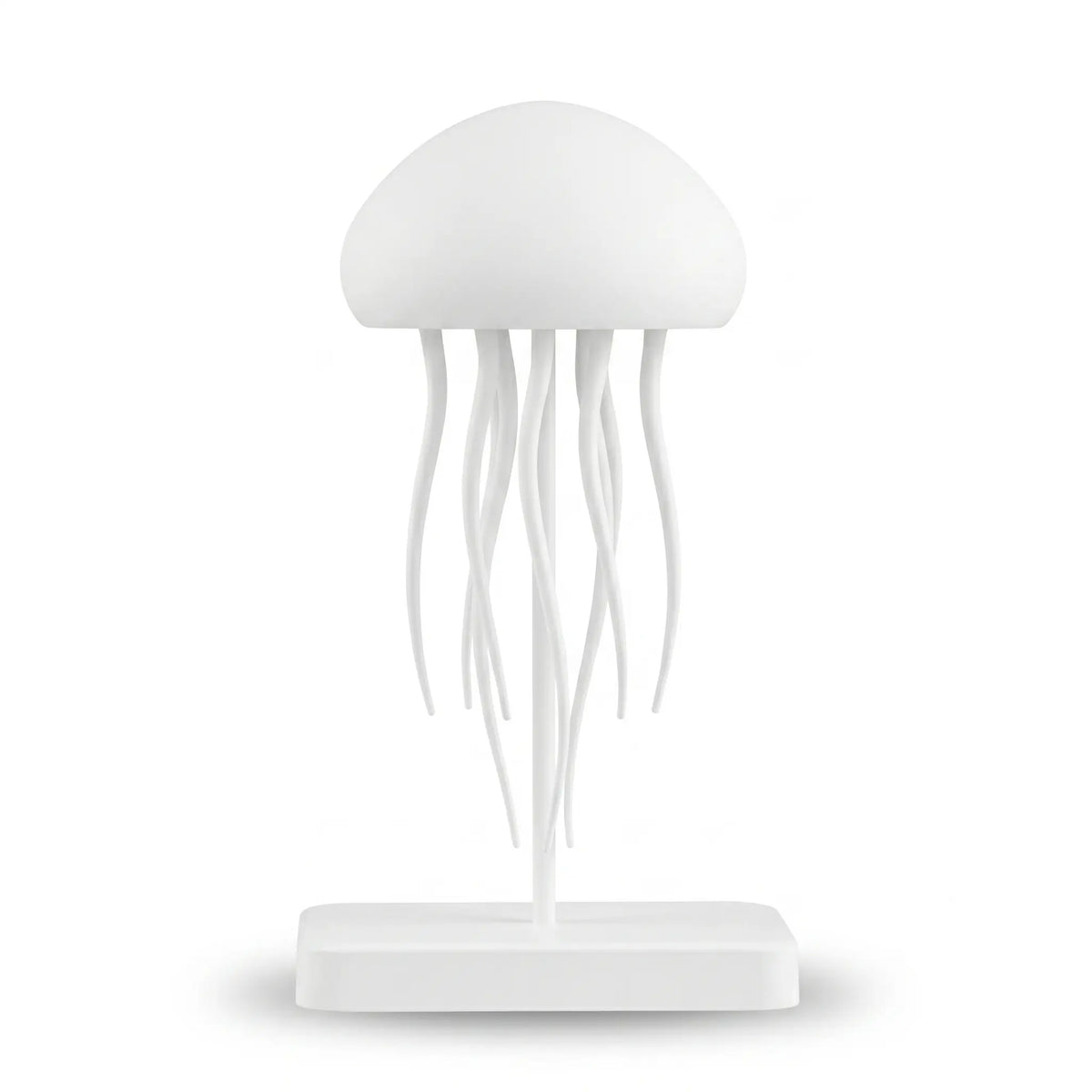 Veilleuse blanche en silicone en forme de méduse au design minimaliste et épuré, surélevée sur une tige centrale fixée à une base rectangulaire, présentée éteinte sur fond blanc.