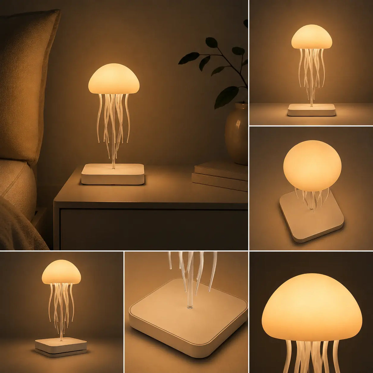 Planche produit d'une veilleuse méduse allumée montrant plusieurs angles et détails : posée sur une table de chevet dans une ambiance de chambre tamisée, vue de face, vue plongeante, zoom sur sa base carrée épurée et gros plan sur son dôme lumineux.