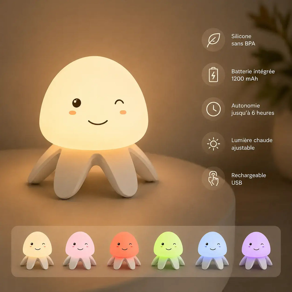 Veilleuse méduse en silicone sans BPA illuminée avec pictogrammes des fonctionnalités et aperçu des 6 variations de couleurs LED
