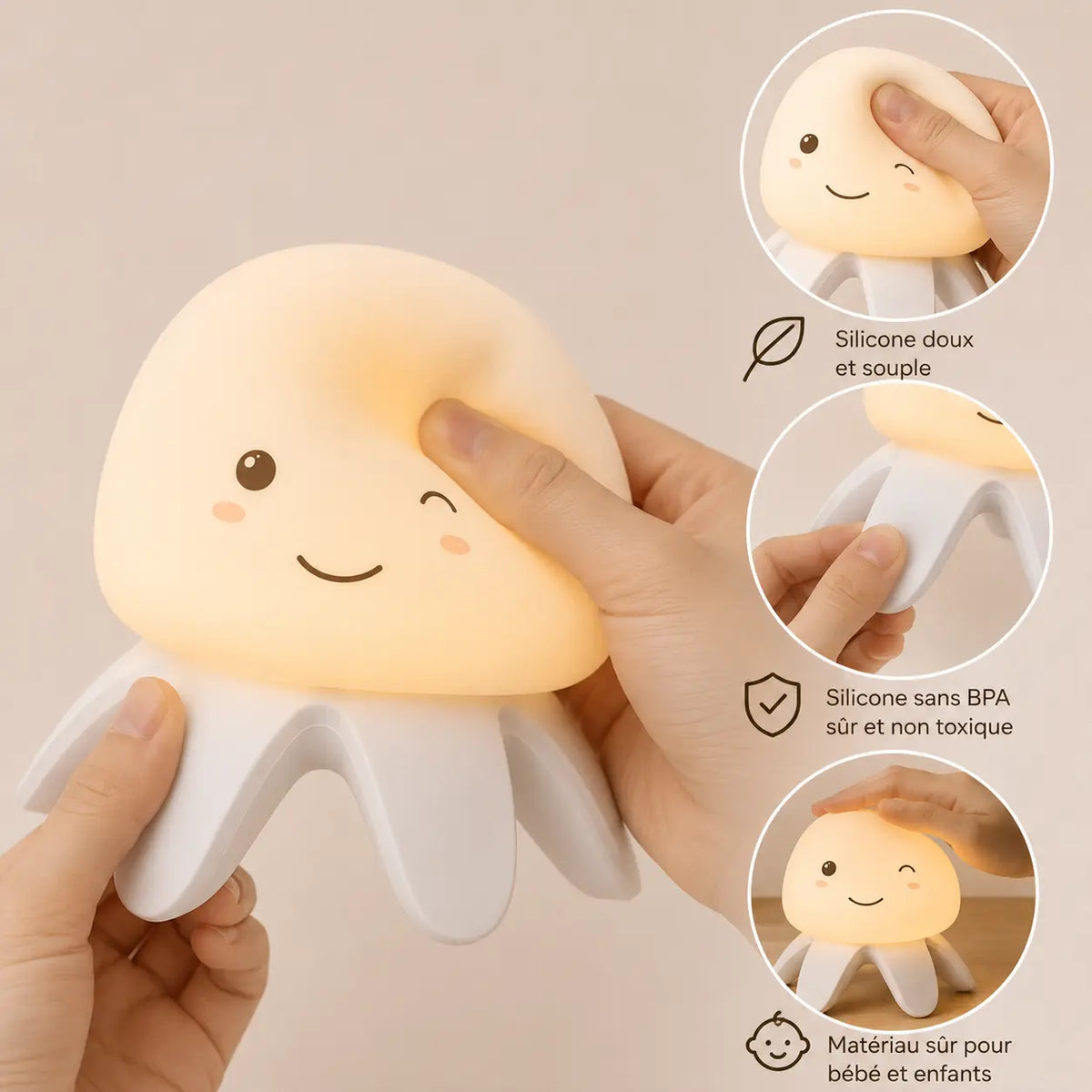 Gros plan sur deux mains qui pressent délicatement le dôme en silicone souple et allumé d'une veilleuse méduse sur fond beige. Trois vignettes circulaires sur la droite illustrent sa texture avec des icônes et les mentions "Silicone doux et souple", "Silicone sans BPA sûr et non toxique" et "Matériau sûr pour bébé et enfants".