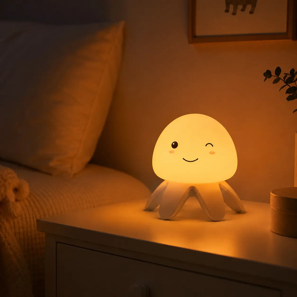 Veilleuse méduse en silicone allumée sur une table de chevet blanche dans une chambre. Elle diffuse une douce lumière jaune tamisée à côté d'un lit avec un oreiller beige rétroéclairé, créant une ambiance chaleureuse et réconfortante.