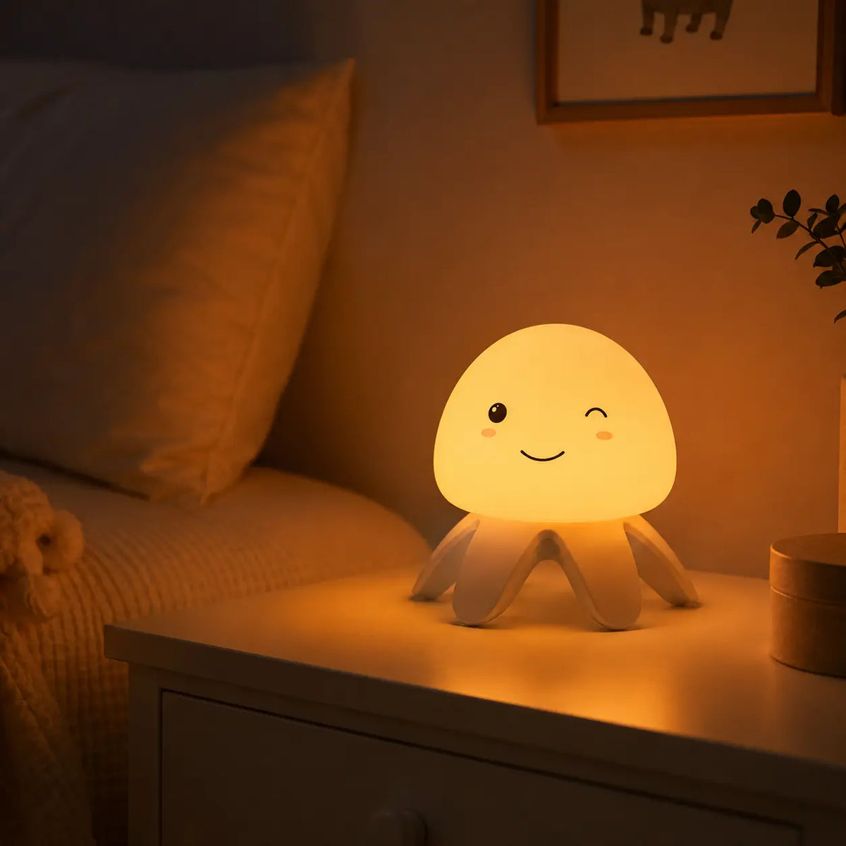 Veilleuse méduse en silicone allumée sur une table de chevet blanche dans une chambre. Elle diffuse une douce lumière jaune tamisée à côté d'un lit avec un oreiller beige rétroéclairé, créant une ambiance chaleureuse et réconfortante.