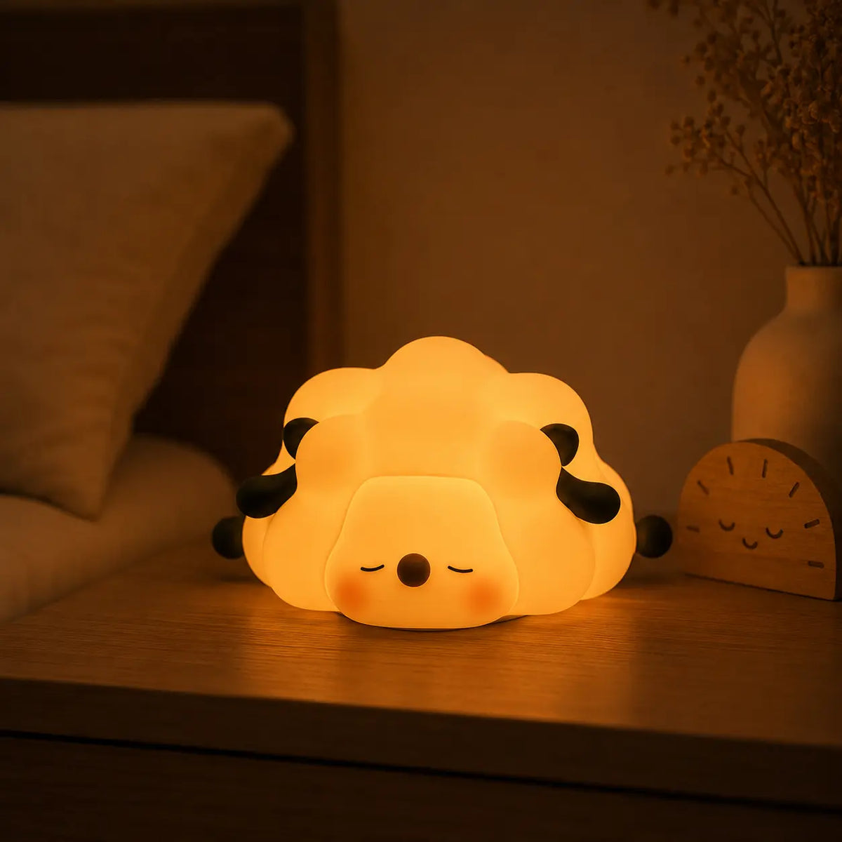 Veilleuse en forme de petit mouton couché allumée posée sur une table de chevet dans une ambiance chaleureuse.