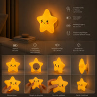 Infographie en français détaillant les caractéristiques d'une veilleuse étoile jaune en silicone allumée au mur (tactile, USB-C, aimantée, batterie 200 mAh), complétée par huit vignettes illustrant ses angles de vue et sa texture souple et lavable sous l'eau.