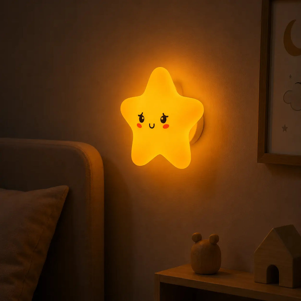 Veilleuse murale en silicone en forme d'étoile jaune allumée, fixée au-dessus d'un lit. Elle diffuse une douce lueur orange tamisée dans une chambre d'enfant à l'ambiance chaleureuse.