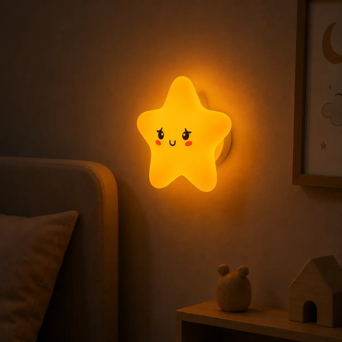 Veilleuse murale en silicone en forme d'étoile jaune allumée, fixée au-dessus d'un lit. Elle diffuse une douce lueur orange tamisée dans une chambre d'enfant à l'ambiance chaleureuse.