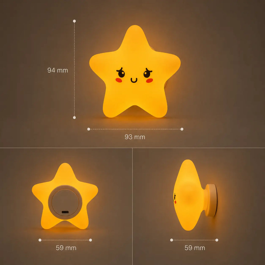 Infographie en français présentant les dimensions d'une veilleuse murale en forme de petite étoile jaune allumée (93 mm de largeur, 94 mm de hauteur et 59 mm d'épaisseur). Les deux visuels du bas illustrent le produit de dos et de profil fixé au mur, mettant en avant sa base circulaire dotée d'un port de charge USB et sa douce lueur jaune tamisée.