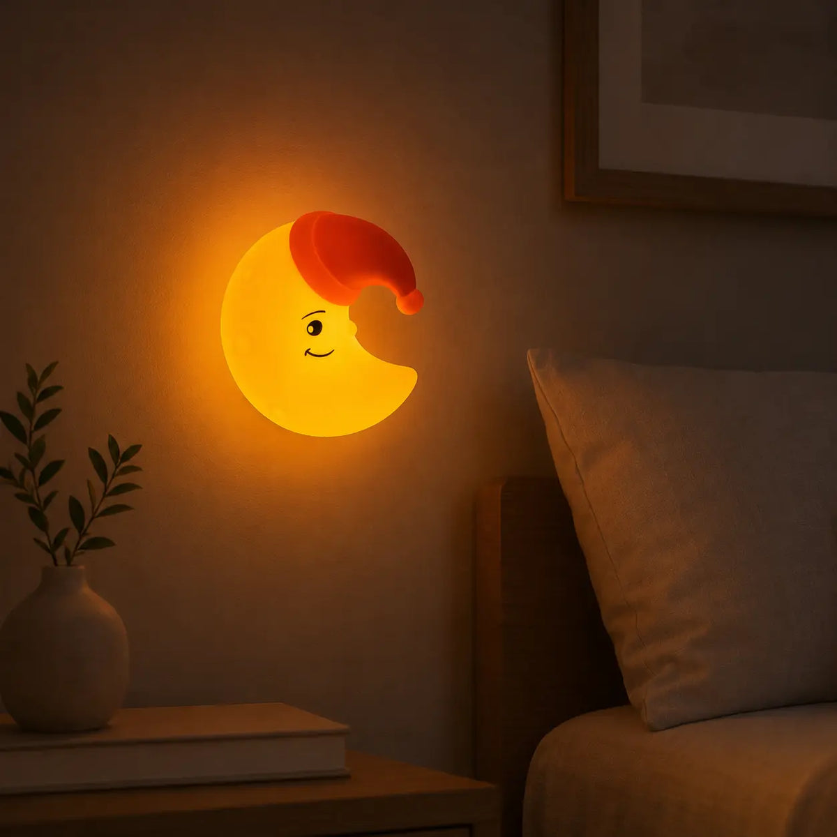 Veilleuse murale en silicone en forme de croissant de lune jaune allumée, fixée sur le mur d'une chambre au-dessus d'un lit. Elle diffuse une douce lueur orange tamisée à côté d'un oreiller, d'un cadre et d'une petite plante en pot sur une table de chevet, créant une ambiance calme et propice au sommeil.