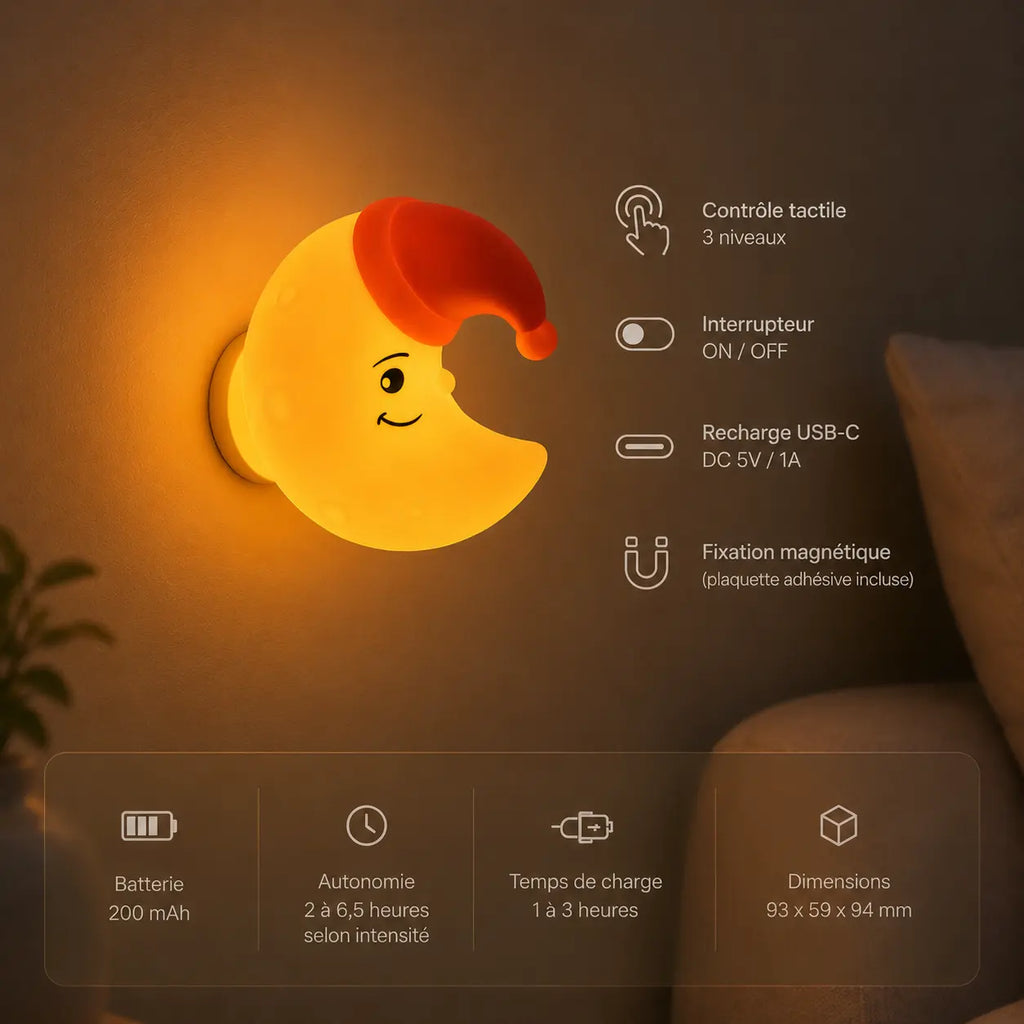 Infographie en français présentant une veilleuse murale en forme de croissant de lune jaune allumée avec un bonnet de nuit rouge, fixée sur un mur. Le visuel détaille ses fonctionnalités (contrôle tactile à 3 niveaux, interrupteur ON/OFF, recharge USB-C, fixation magnétique avec plaquette adhésive incluse) et ses spécifications techniques au bas (batterie 200 mAh, autonomie de 2 à 6,5 heures, temps de charge de 1 à 3 heures, dimensions 93 x 59 x 94 mm).