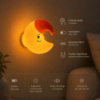 Infographie en français présentant une veilleuse murale en forme de croissant de lune jaune allumée avec un bonnet de nuit rouge, fixée sur un mur. Le visuel détaille ses fonctionnalités (contrôle tactile à 3 niveaux, interrupteur ON/OFF, recharge USB-C, fixation magnétique avec plaquette adhésive incluse) et ses spécifications techniques au bas (batterie 200 mAh, autonomie de 2 à 6,5 heures, temps de charge de 1 à 3 heures, dimensions 93 x 59 x 94 mm).