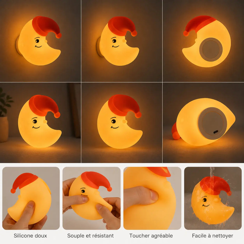 Composition d’images présentant une veilleuse en forme de croissant de lune jaune allumée avec son bonnet de nuit rouge. Les vignettes du haut illustrent le produit fixé au mur, de face et de dos, ainsi que sa base ronde dotée d'un port de charge USB. Les quatre vignettes du bas mettent en avant ses caractéristiques pratiques en français : "Silicone doux", "Souple et résistant", "Toucher agréable" (avec des mains qui pressent la matière) et "Facile à nettoyer" (sous un filet d'eau).