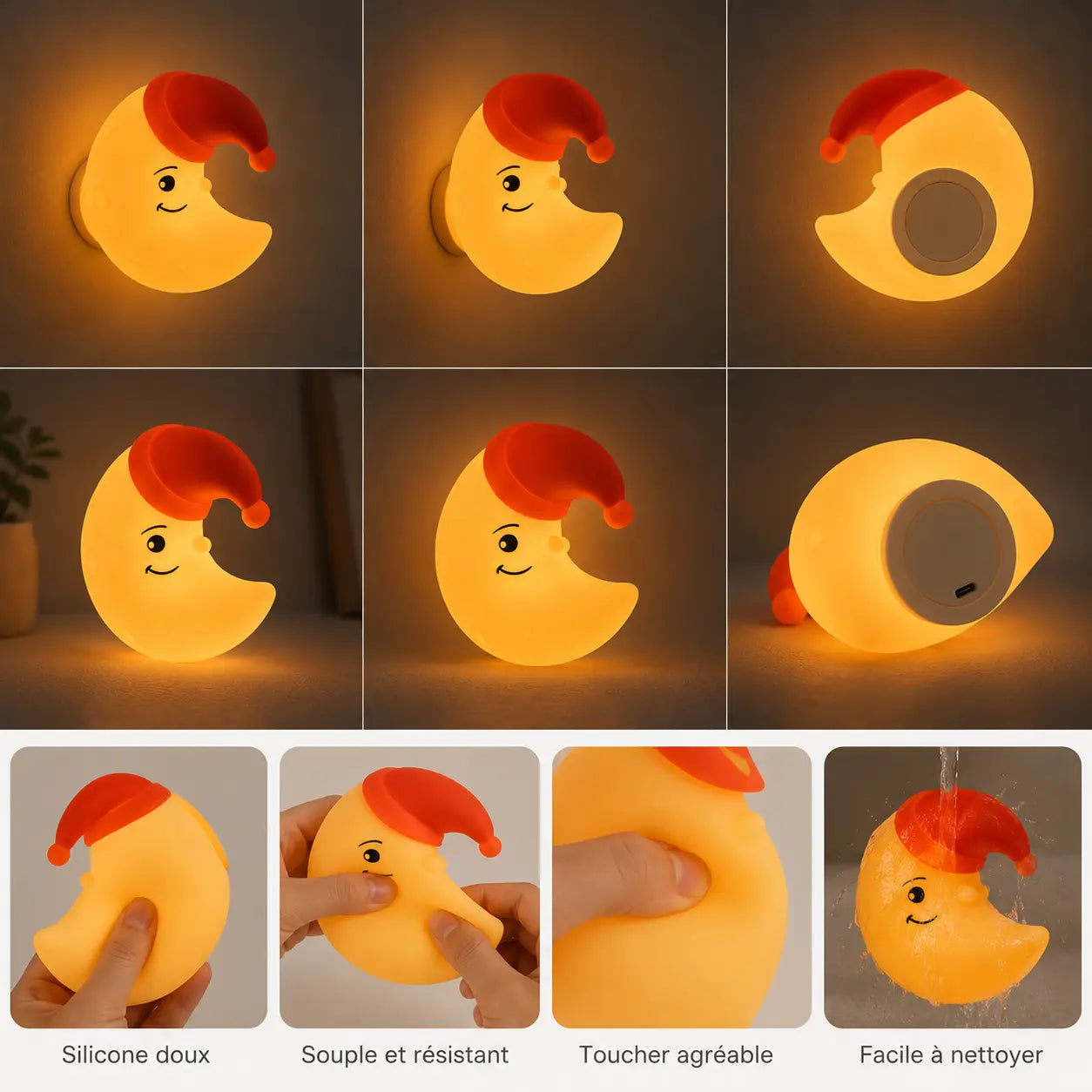 Composition d’images présentant une veilleuse en forme de croissant de lune jaune allumée avec son bonnet de nuit rouge. Les vignettes du haut illustrent le produit fixé au mur, de face et de dos, ainsi que sa base ronde dotée d'un port de charge USB. Les quatre vignettes du bas mettent en avant ses caractéristiques pratiques en français : "Silicone doux", "Souple et résistant", "Toucher agréable" (avec des mains qui pressent la matière) et "Facile à nettoyer" (sous un filet d'eau).