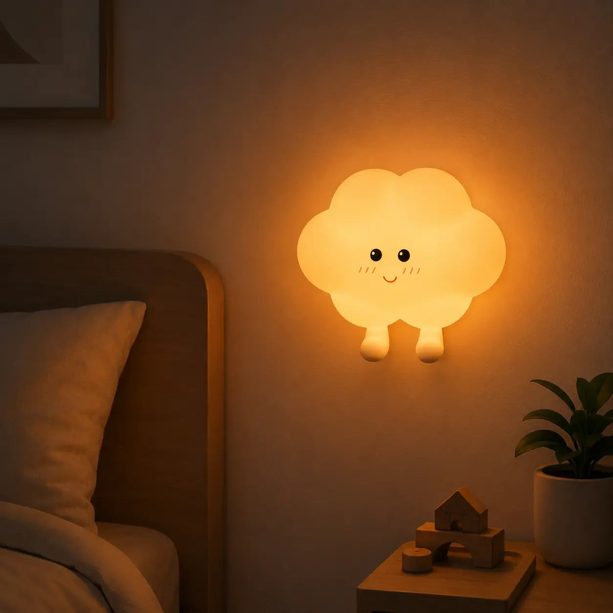 Veilleuse murale en silicone en forme de petit nuage à pieds allumée, fixée au mur. Elle diffuse une douce lueur chaude orangée au-dessus d'une table de chevet dans une chambre d'enfant à l'ambiance cocooning.