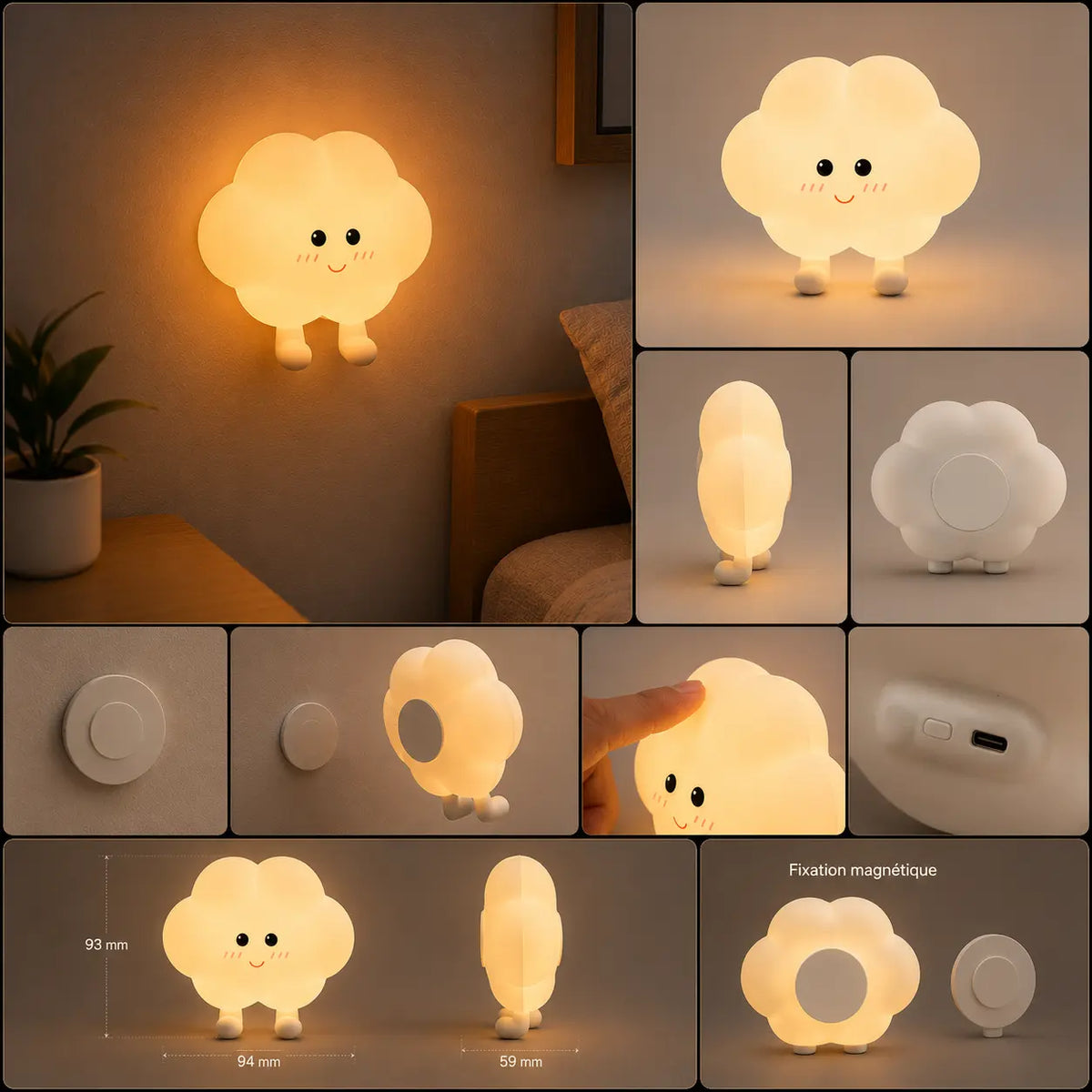 Mosaïque d'images présentant une veilleuse murale nuage en silicone allumée. Le visuel détaille ses dimensions (93 x 94 x 59 mm), ses différents angles de vue (face, dos, profil), son contrôle tactile, son port USB ainsi que sa base aimantée pour fixation magnétique.
