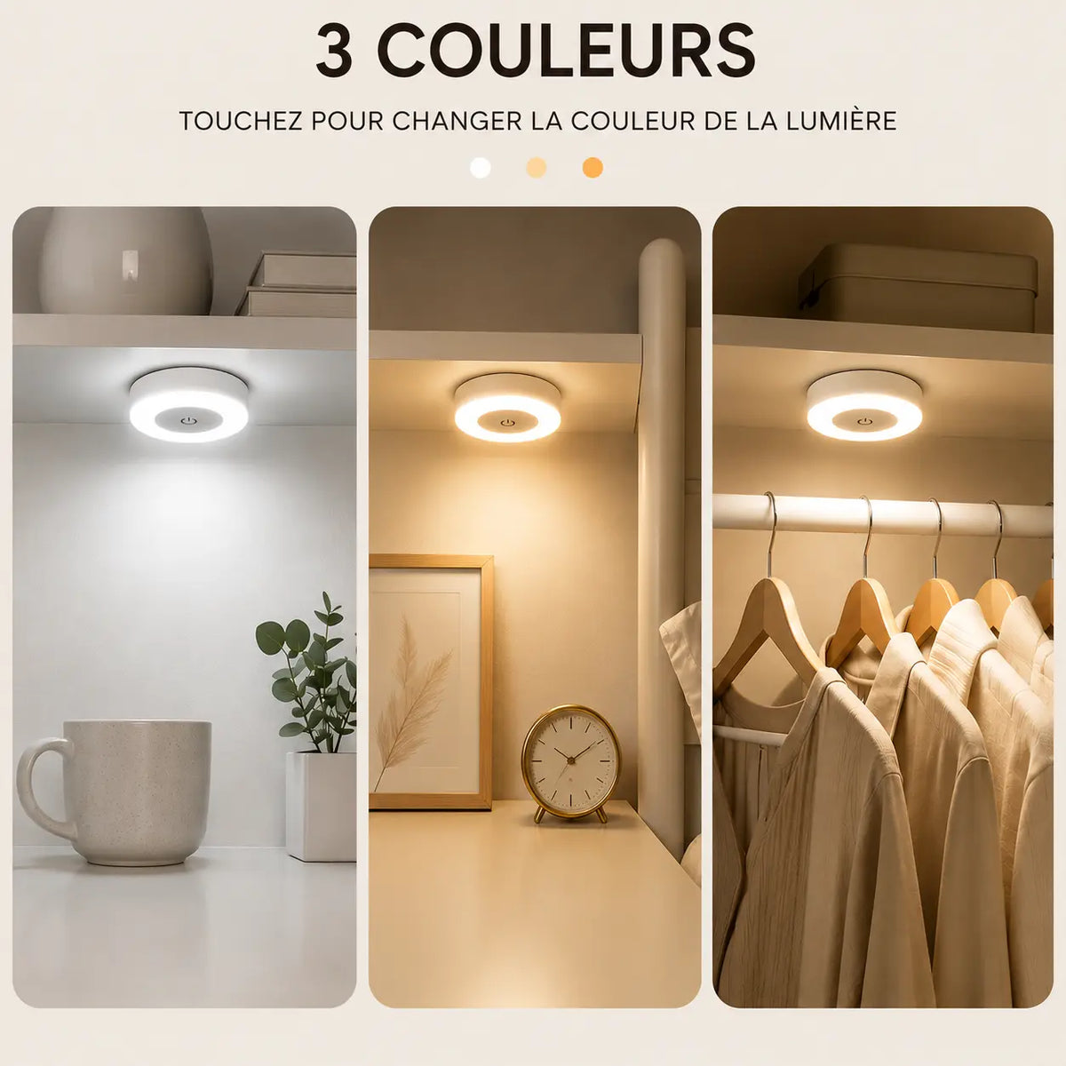 Exemples d'utilisation de la veilleuse murale tactile présentant ses 3 températures de couleur dans un bureau et un dressing