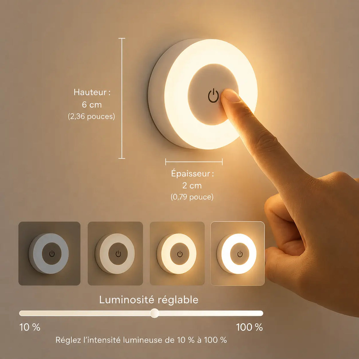 Schéma des dimensions de la veilleuse murale tactile 6cm par 2cm illustrant le variateur de luminosité de 10 à 100 pour cent