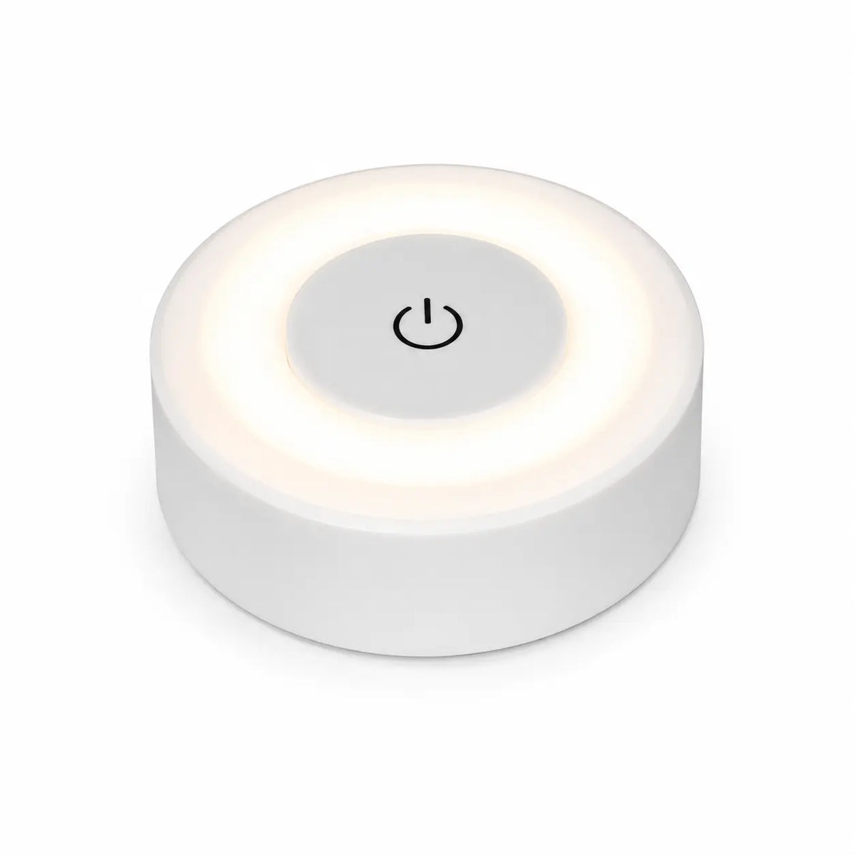 Veilleuse murale tactile ronde blanche avec bouton central d'allumage sur fond blanc