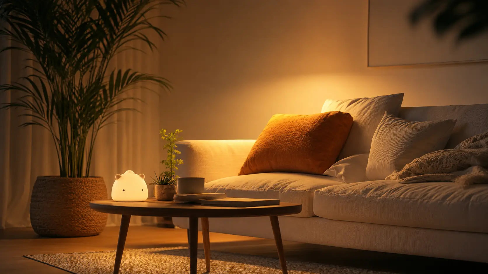 Petite veilleuse nomade allumée en forme d'ours ou de personnage mignon posée sur une table basse en bois dans un salon, diffusant une lueur tamisée à côté d'un canapé confortable aux tons crème et terre de Sienne.