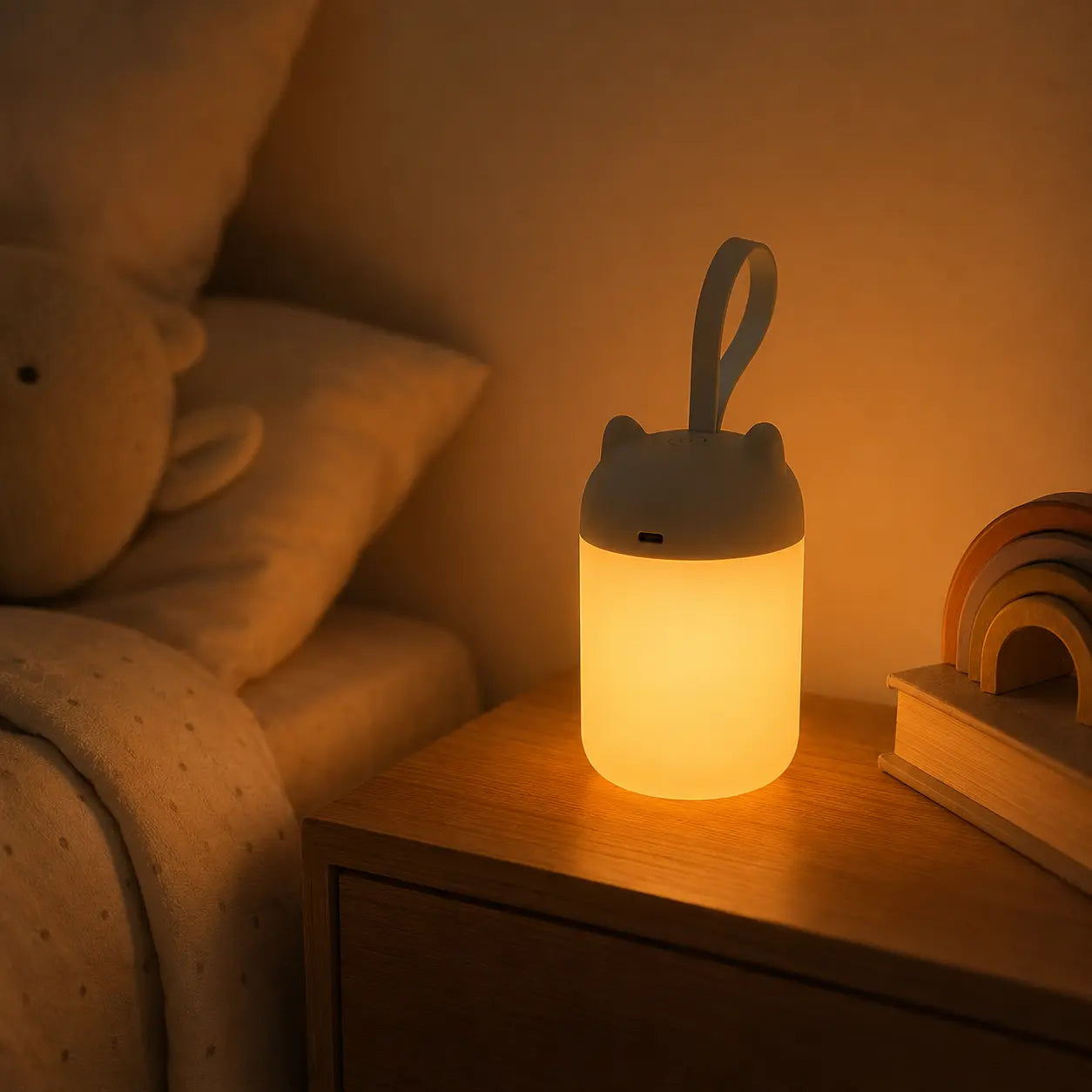 Veilleuse nomade à anse allumée sur une table de chevet en bois dans une chambre d'enfant, diffusant une douce lumière chaude et tamisée à côté d'un lit douillet et d'un arc-en-ciel en bois.